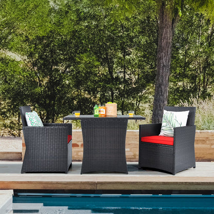 Gymax 3PCS Patio Wicker Bistro Set PE Rattan Dining Table Set w/Red Cushions
