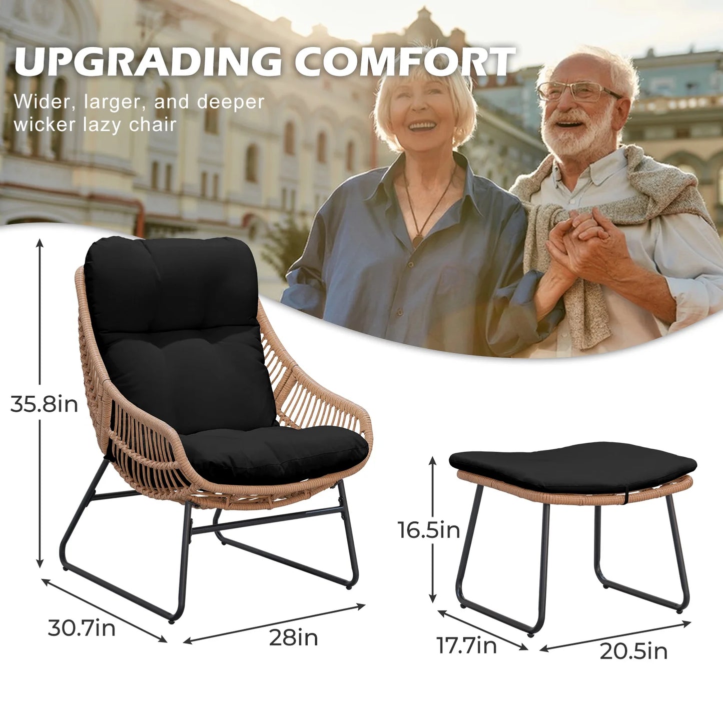 Tappio Wicker Papasan Egg Chair with Ottoman, Outdoor Patio Basket Lounge Chair Indoor Oversized Egg Lounger with Thick Cushion for Living Room Bedroom Balcony Porch, Black