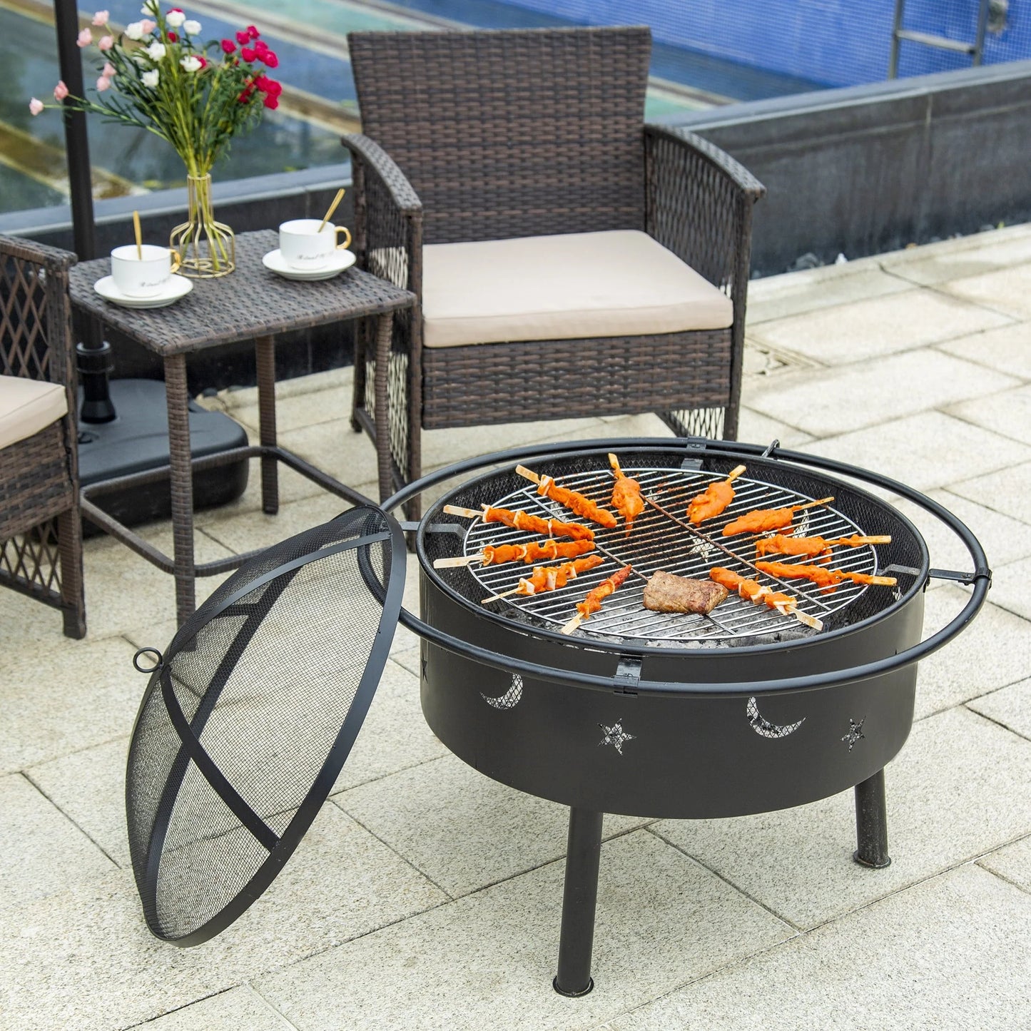 WestinTrends Star & Moon Bonfire Round Steel Wood Burning Patio Fire Pit for Outdoor Patio