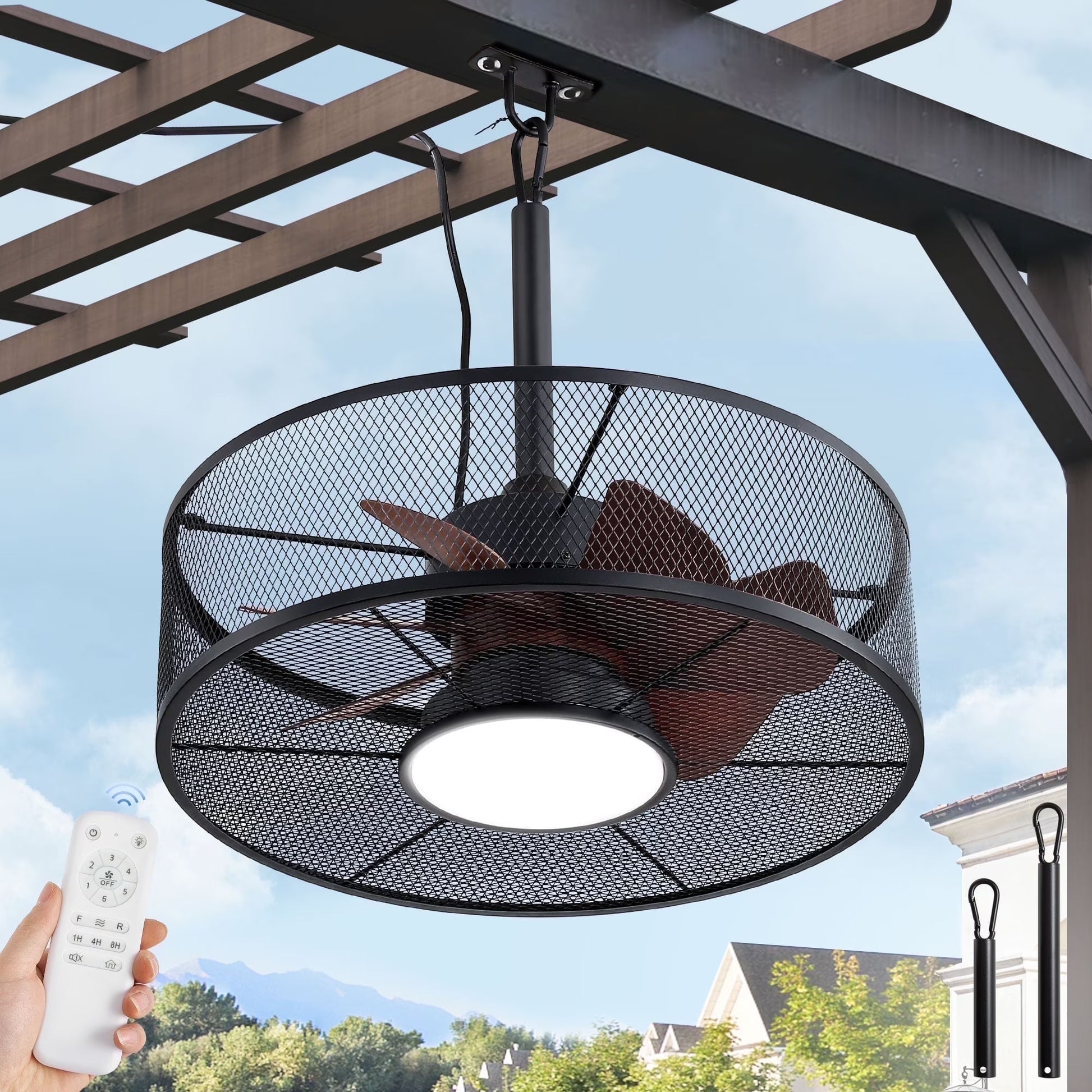 Zardon 20" Outdoor Ceiling Fan with Light and Remote, 7 Blades Caged Waterproof Gazebo Fan for Patio, Porch, Pergola Canopy, App Control