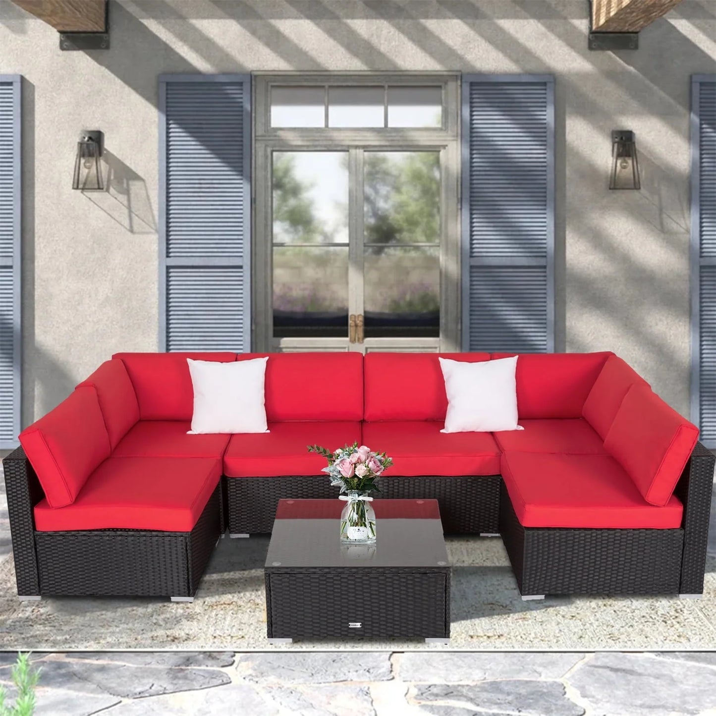 Kinbor 7pcs Outdoor Patio Furniture Sectional Pe Rattan Wicker Rattan Sofa Set with Maple Red Cushions