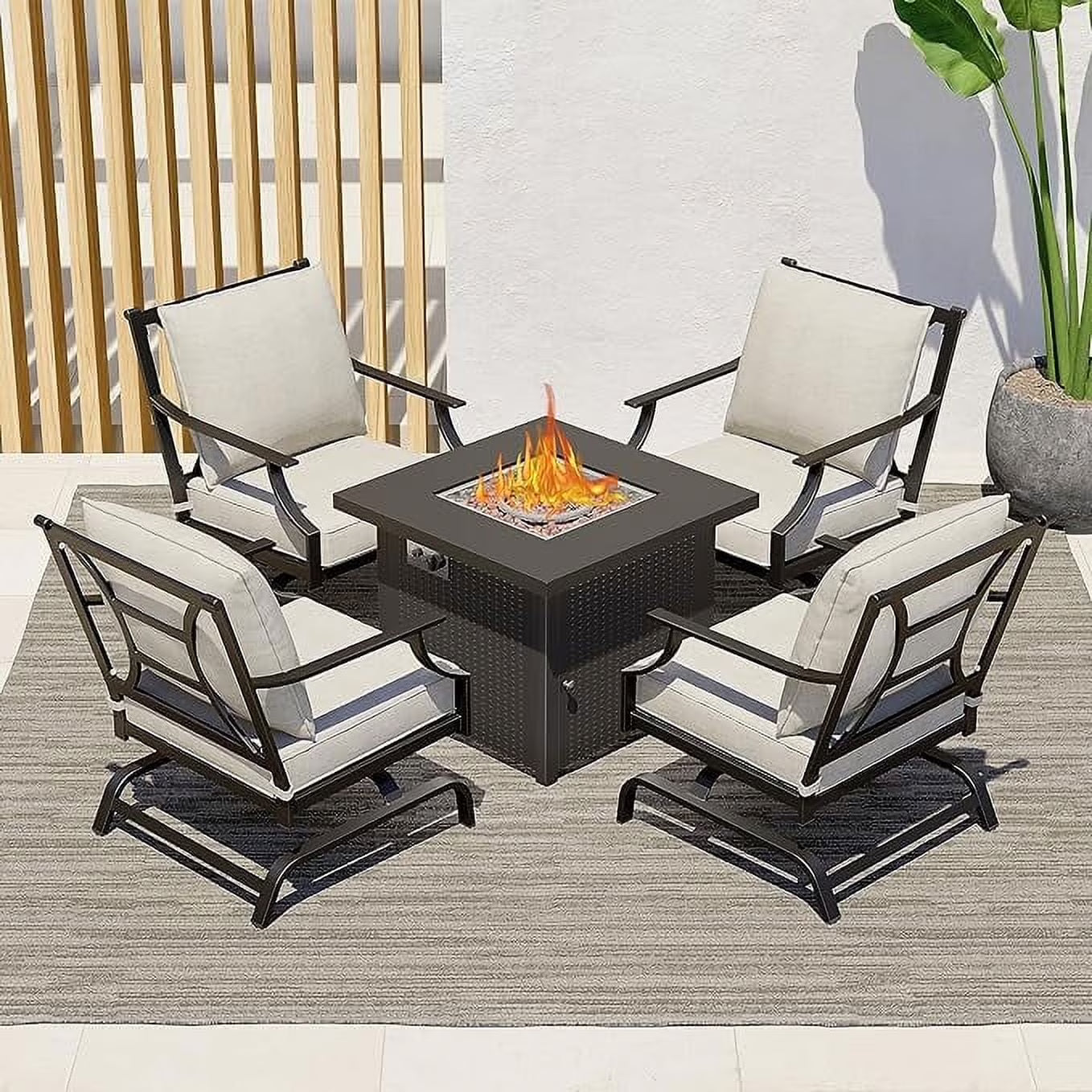 Grand Patio 5-Piece Patio Furniture Conversation Sets with Propane Fire Pit Table Cushioned Rocking Chairs Set of 4, Steel Frame, Gray