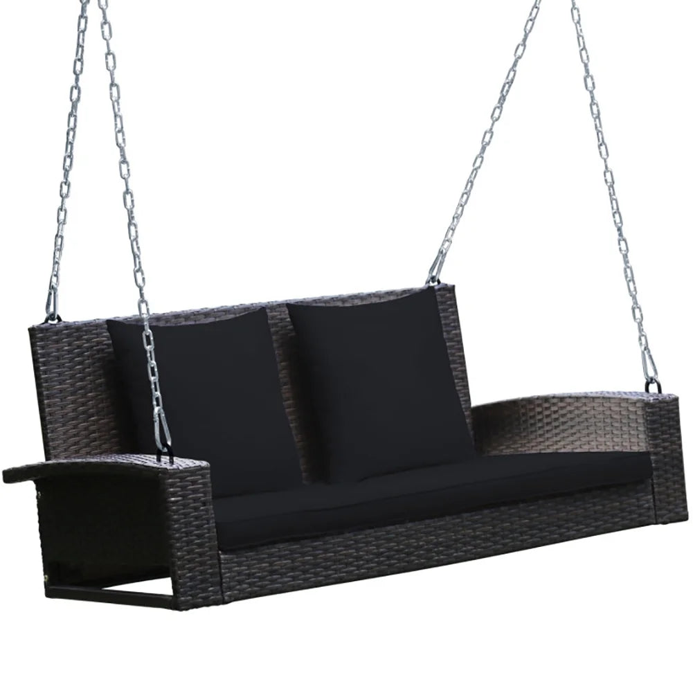 Yardi Yard 2-Person Patio Rattan Porch Swing with Cushions-Black, Porch Swing Hanging Bench, Wicker Outdoor Swing Bench with Cushion and Pillow for Patio, Yard, Garden