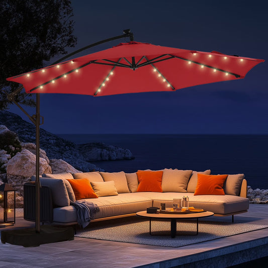10ft Patio Umbrellas OffsetOutdoor Umbrella Cantilever Hanging Umbrellas with Infinite Tilt,Fade Resistant Waterproof Fabric & Base,for Yard,Garden,Home,Pool & Deck,Red