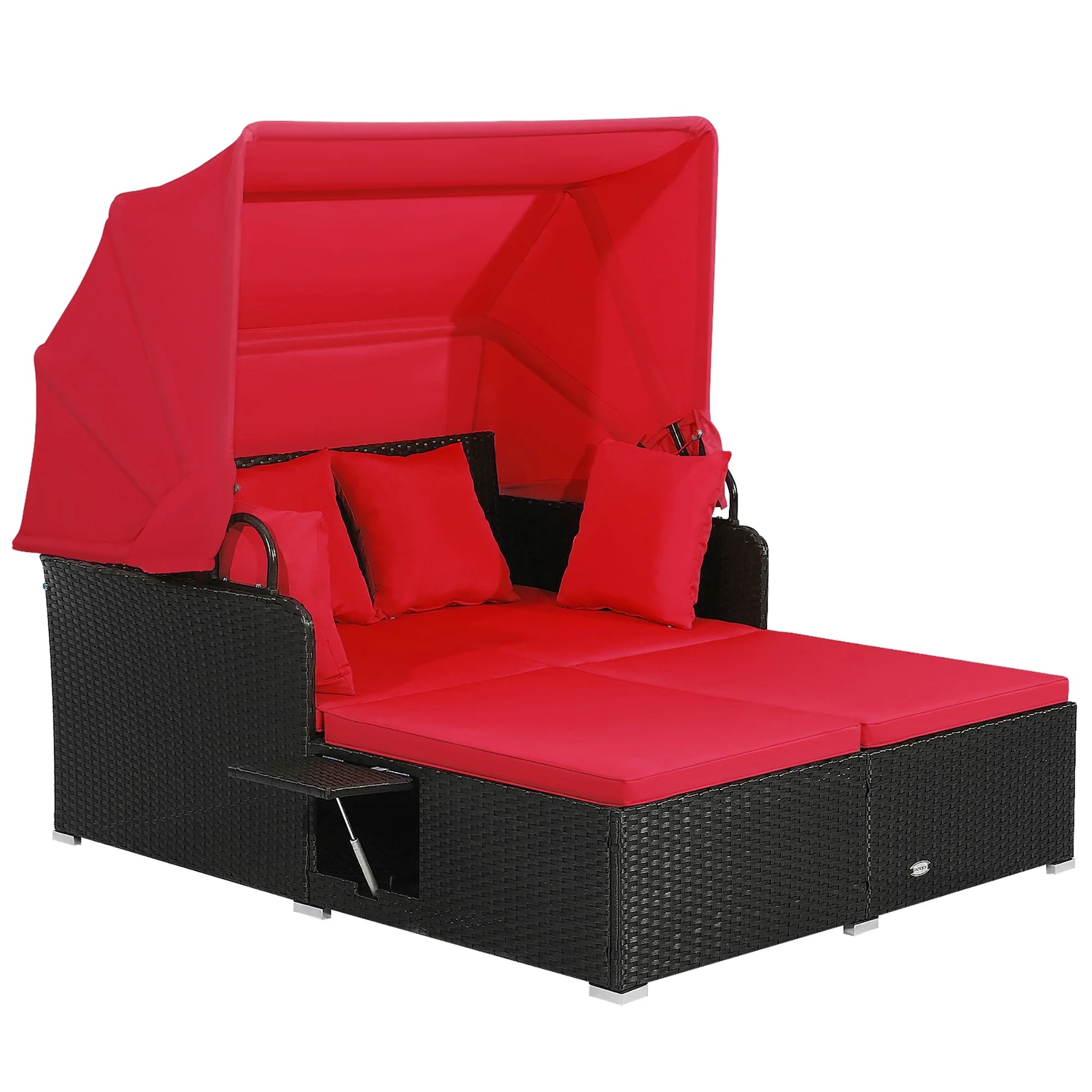 Costway Patio Rattan Daybed Lounge Retractable Top Canopy Side Tables Cushions Red