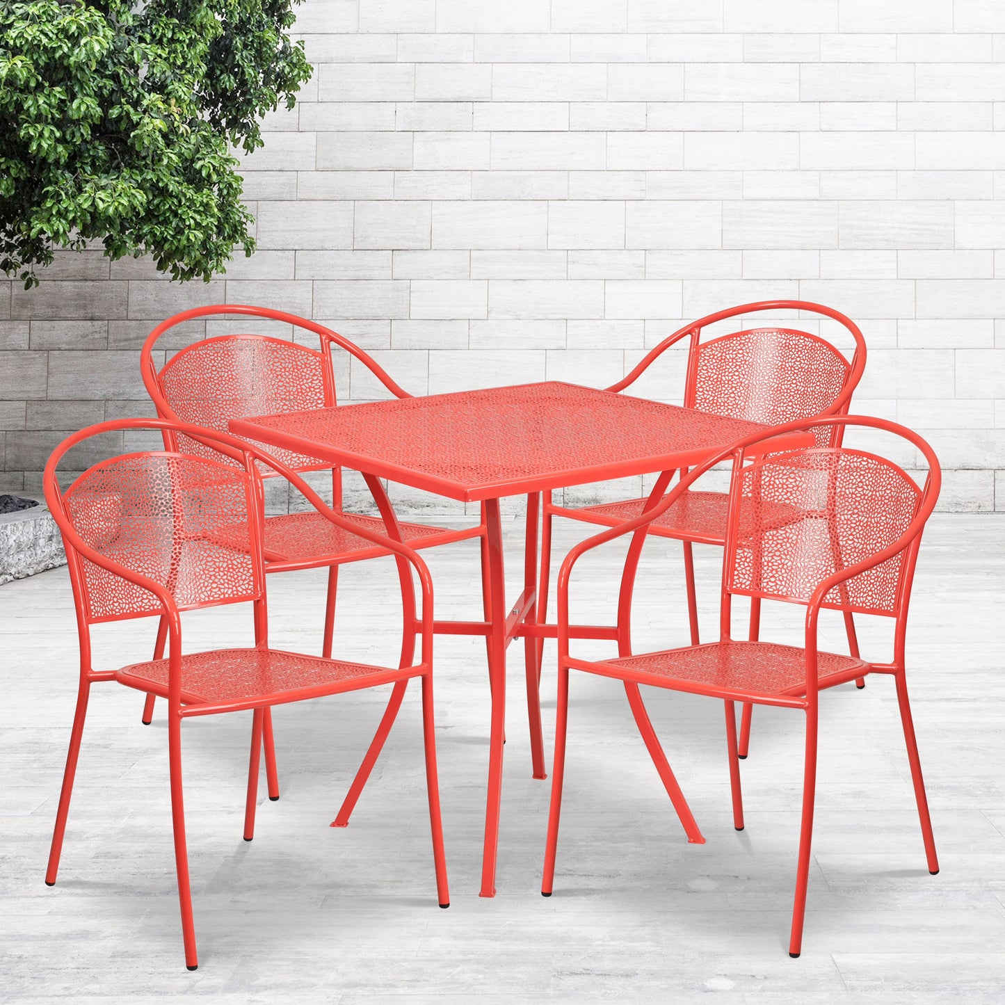 Emma + Oliver Commercial Grade 28" Square Black Patio Table Set-4 Round Back Chairs