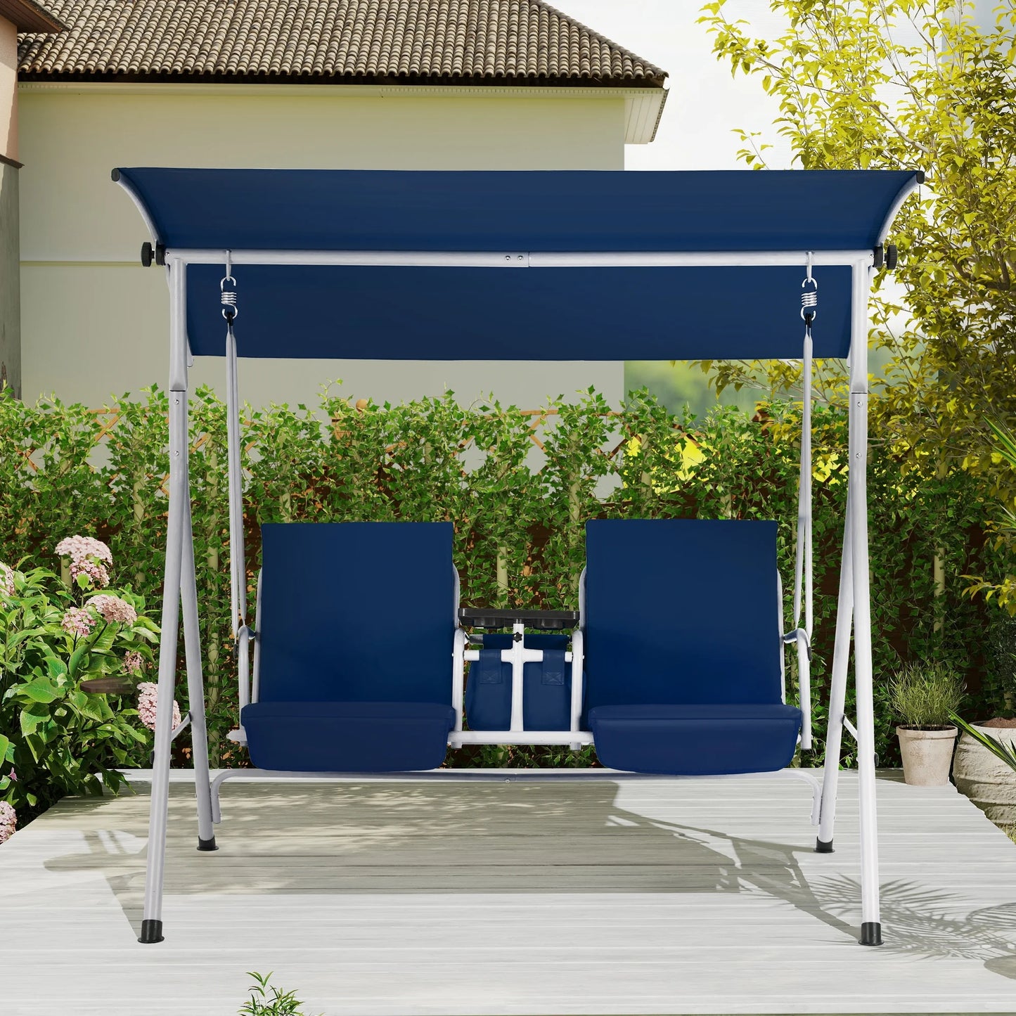 HOMREST Patio Swing with Adjustable CanopyHeavy Duty 650 LBS Outdoor Swing with Pivot Storage Table & 4 Cup Holders & Cushions for Yard, Lawn, Backyard, Navy Blue