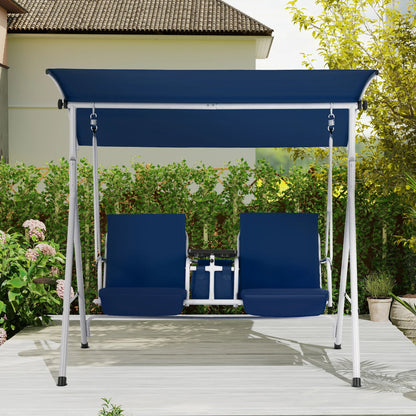 HOMREST Patio Swing with Adjustable CanopyHeavy Duty 650 LBS Outdoor Swing with Pivot Storage Table & 4 Cup Holders & Cushions for Yard, Lawn, Backyard, Navy Blue