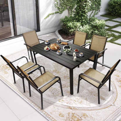 Seizeen 7-Piece Outdoor Table and Chairs, Patio Table Set with 6 Rattan Chairs, All-weather Outdoor Patio Dining Sets Rectangular Metal Table with Acacia Wood Top, Umbrella Hole, Gray