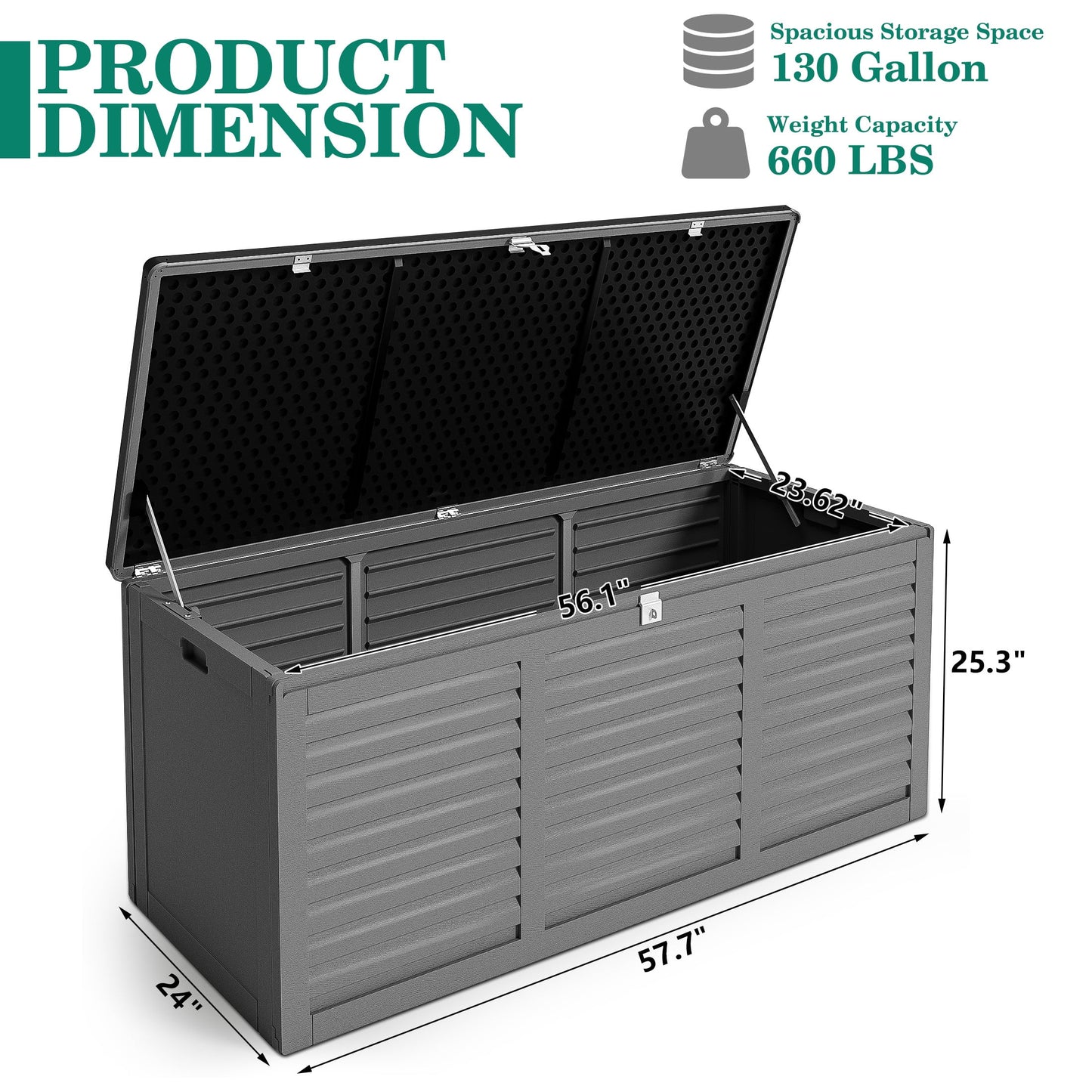 130 Gallon Resin Deck Box, Outdoor Lockable Storage Container for Patio Cushions, Garden Tools, Pool Supplies, Toys, Waterproof and UV Resistant, Reinforced Rib Design, Gray