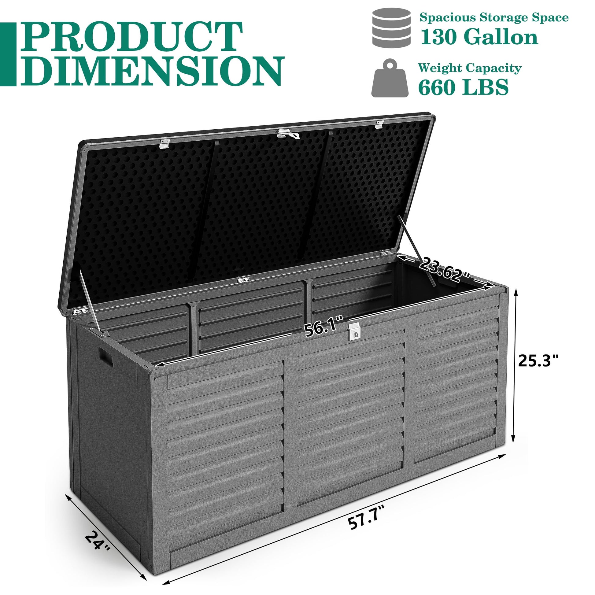 130 Gallon Resin Deck Box, Outdoor Lockable Storage Container for Patio Cushions, Garden Tools, Pool Supplies, Toys, Waterproof and UV Resistant, Reinforced Rib Design, Gray