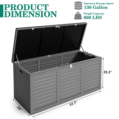 130 Gallon Resin Deck Box, Outdoor Lockable Storage Container for Patio Cushions, Garden Tools, Pool Supplies, Toys, Waterproof and UV Resistant, Reinforced Rib Design, Gray