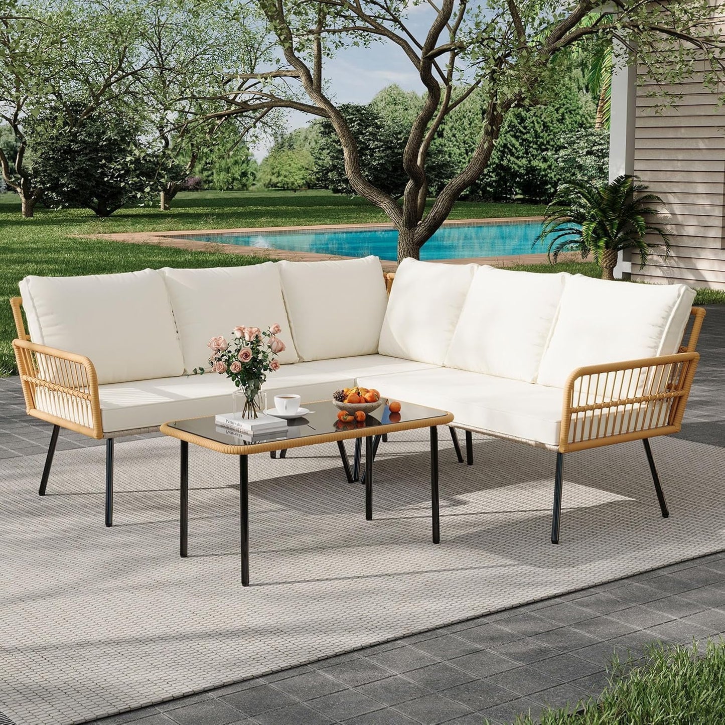 4 Pieces Patio Furniture Set, All-Weather Rattan Outdoor Conversation Sectional L-Shaped Sofa with Thickness Cushions and Side Table, Boho Seat Patio Sofa for Balcony, Backyard, Deck, Poolside