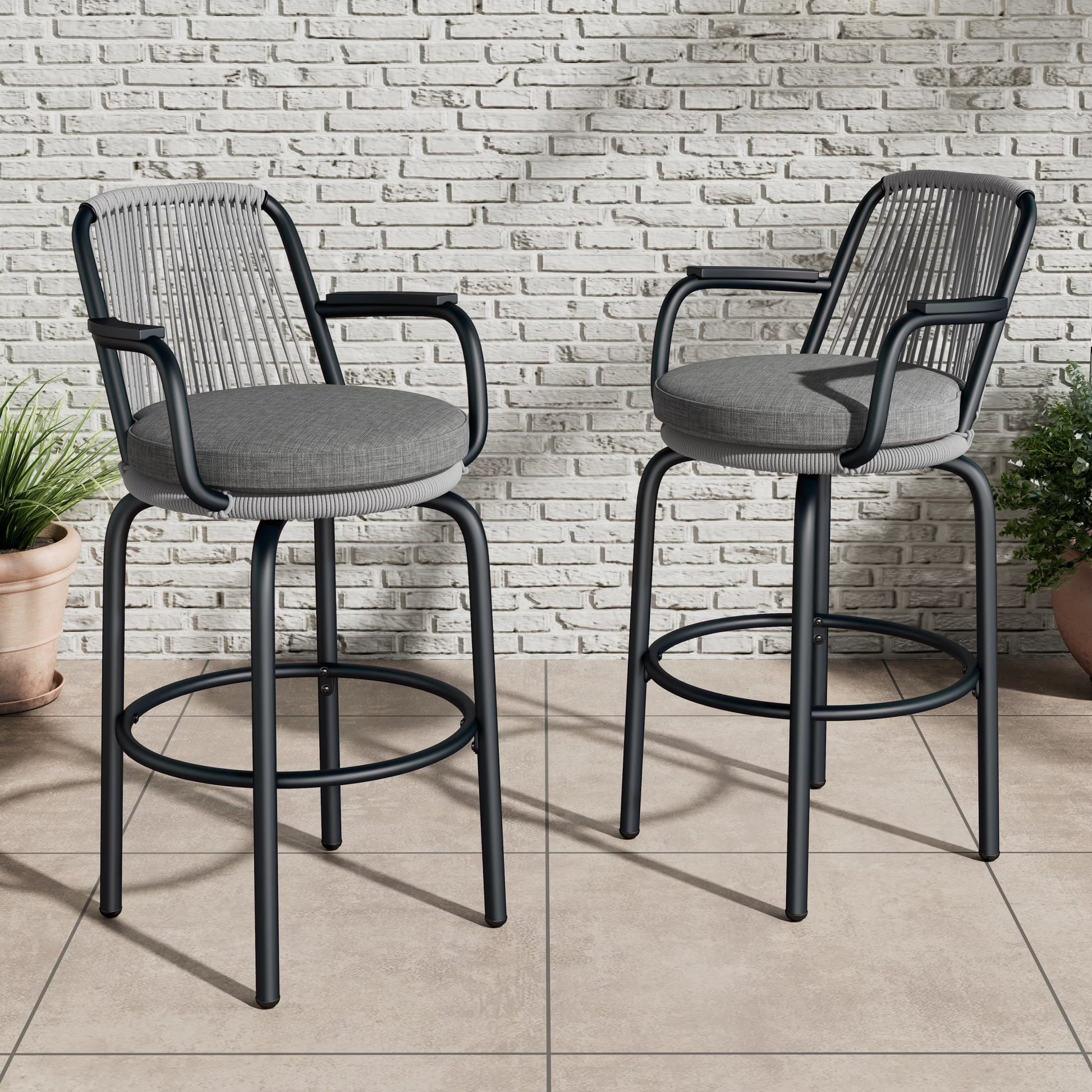 Lyric Modern 29" Outdoor Patio Bar Stools, Bar Chairs with Wood Grain Finish Frame with Hand-Woven PE Rattan Rope, Removable Cushions, Teak+Beige, Set of 2
