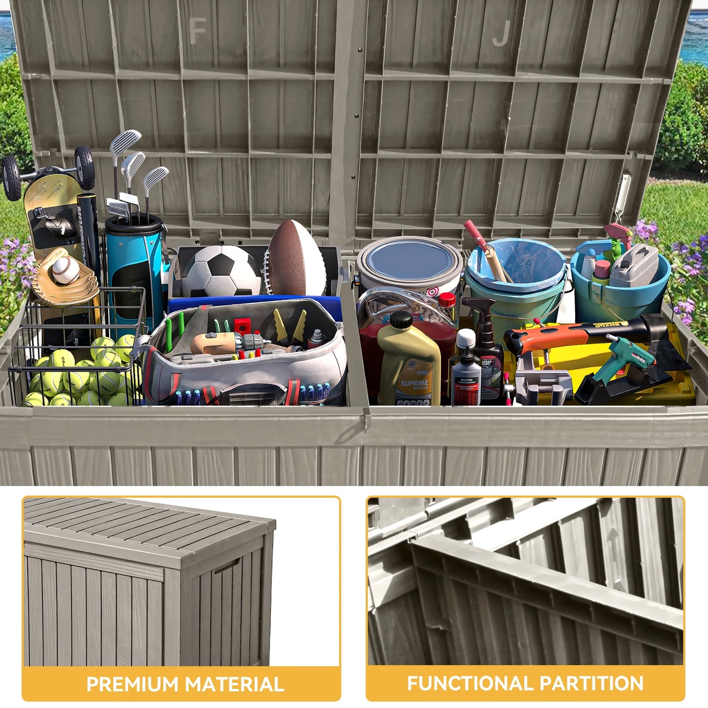 Uforic 150 Gallon Outdoor Storage Deck Box , Large Outdoor Storage Organized w/Divider,for Patio Furniture,Garden Tools, Black