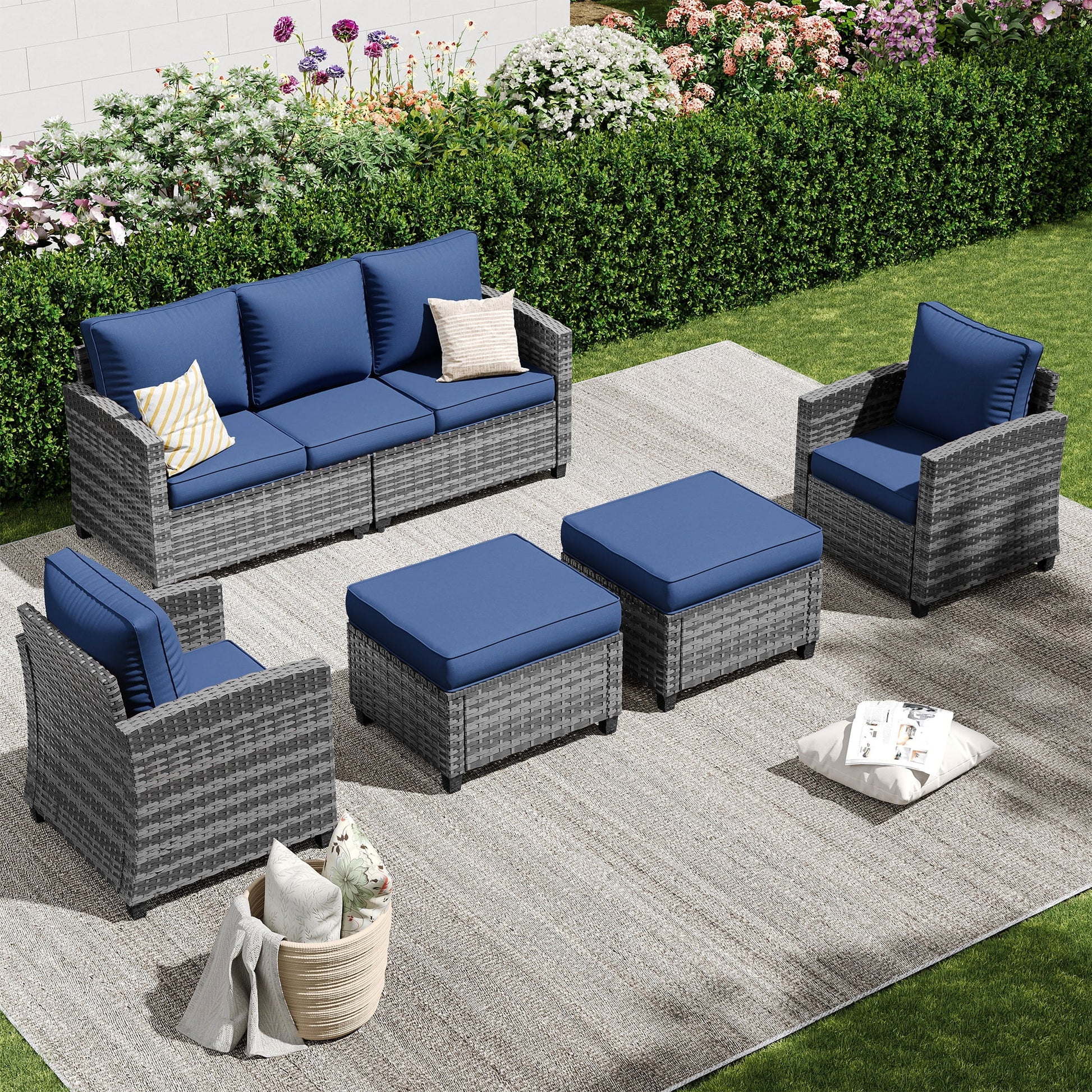 POTEBAN Patio Furniture Set, 7 Pieces Outdoor Sectional Sofa Couch with Chairs, Ottomans and Comfy Cushions, All Weather Wicker Rattan Patio Conversation Set for Garden Backyard Wine Red