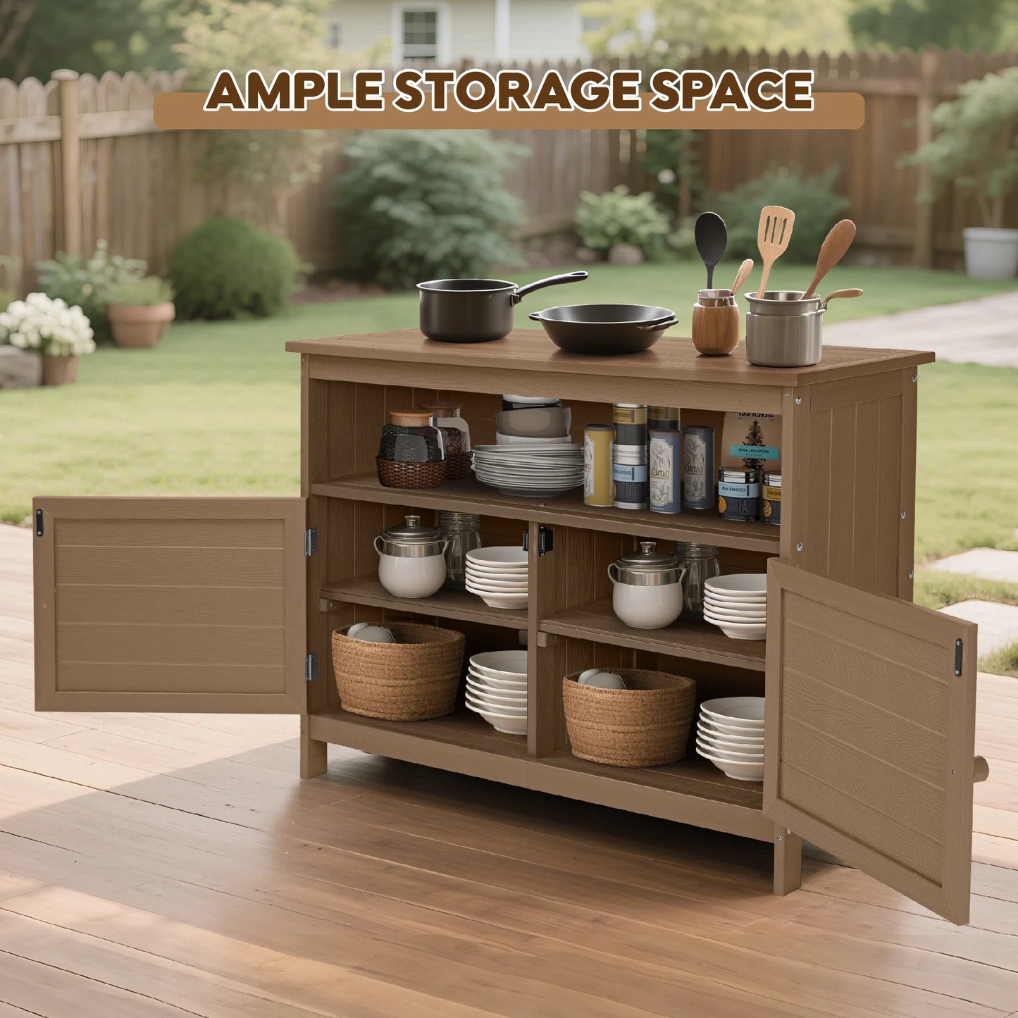 Bstjewey Outdoor Storage Cabinet HIPS Patio Sideboard with 3 Shelves & Doors