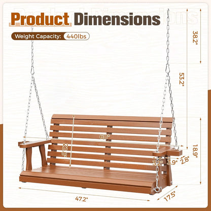 SUNCROWN Porch Swing 2-Seater, Wooden Outdoor Swing Bench with Cup Holder and Chains, 440 LBS Weight Capacity Outdoor Hanging Bench Swing for Patio & Garden (Brown)