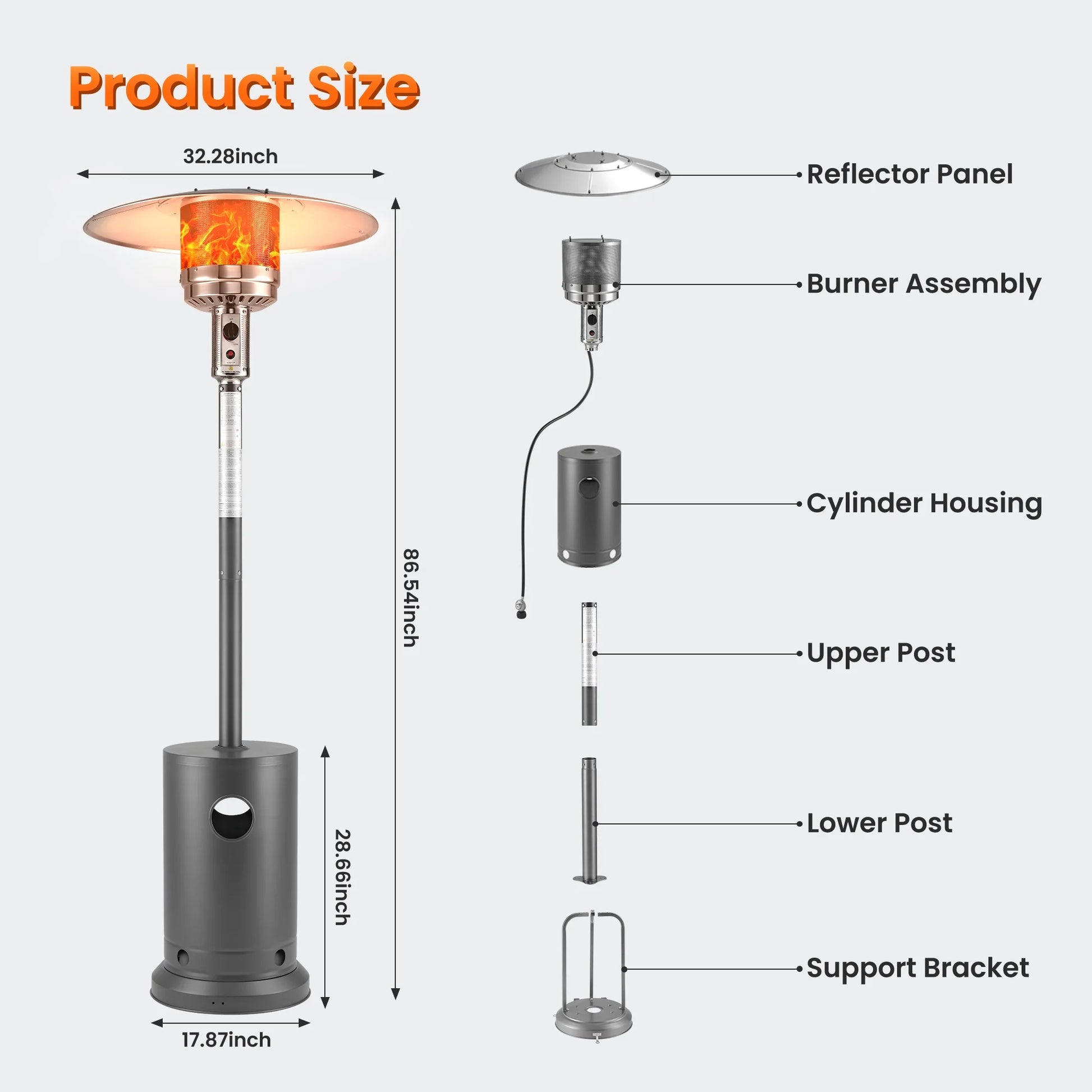 Propane Patio Heater w/12' Heating Radius, 48000 BTU Heavy Duty Heater w/Overheating Protection System, Stainless Steel Flame Heater w/Wheels, Sliver& Gray