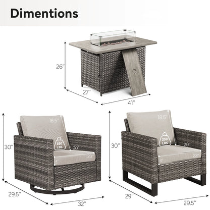 Gymojoy 5 Pieces Outdoor Swivel Rocker Chairs Patio Furniture Set with Gas Fire Pit Table, Wicker Patio Conversation Fire Pit Table Set for Garden, Deck, Porch, Backyard,Beige
