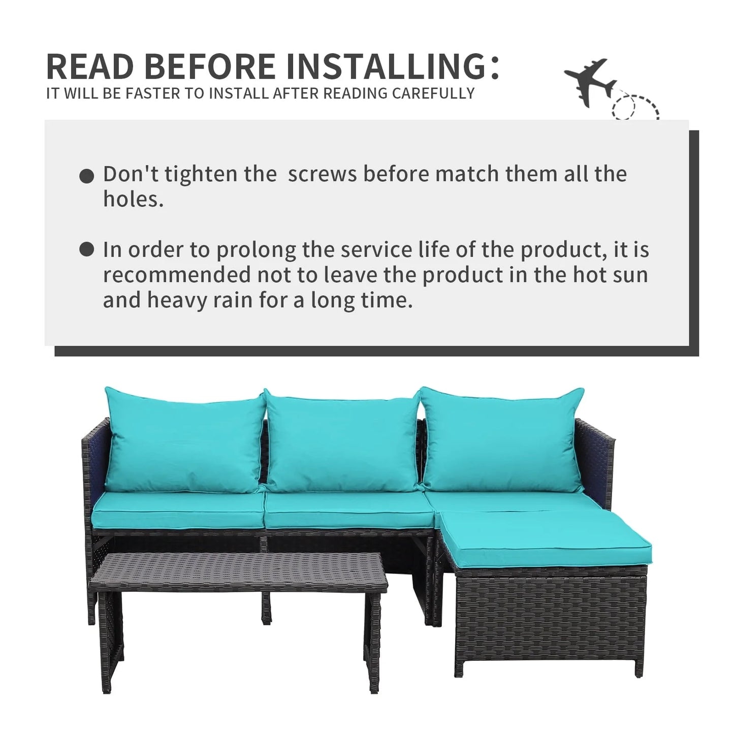 Waroom 3 Pieces Patio Conversation Sets Outdoor Wicker Furniture Chairs Loveseat Sofa,Turquoise,Powder Coated Steel