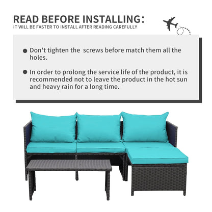Waroom 3 Pieces Patio Conversation Sets Outdoor Wicker Furniture Chairs Loveseat Sofa,Turquoise,Powder Coated Steel