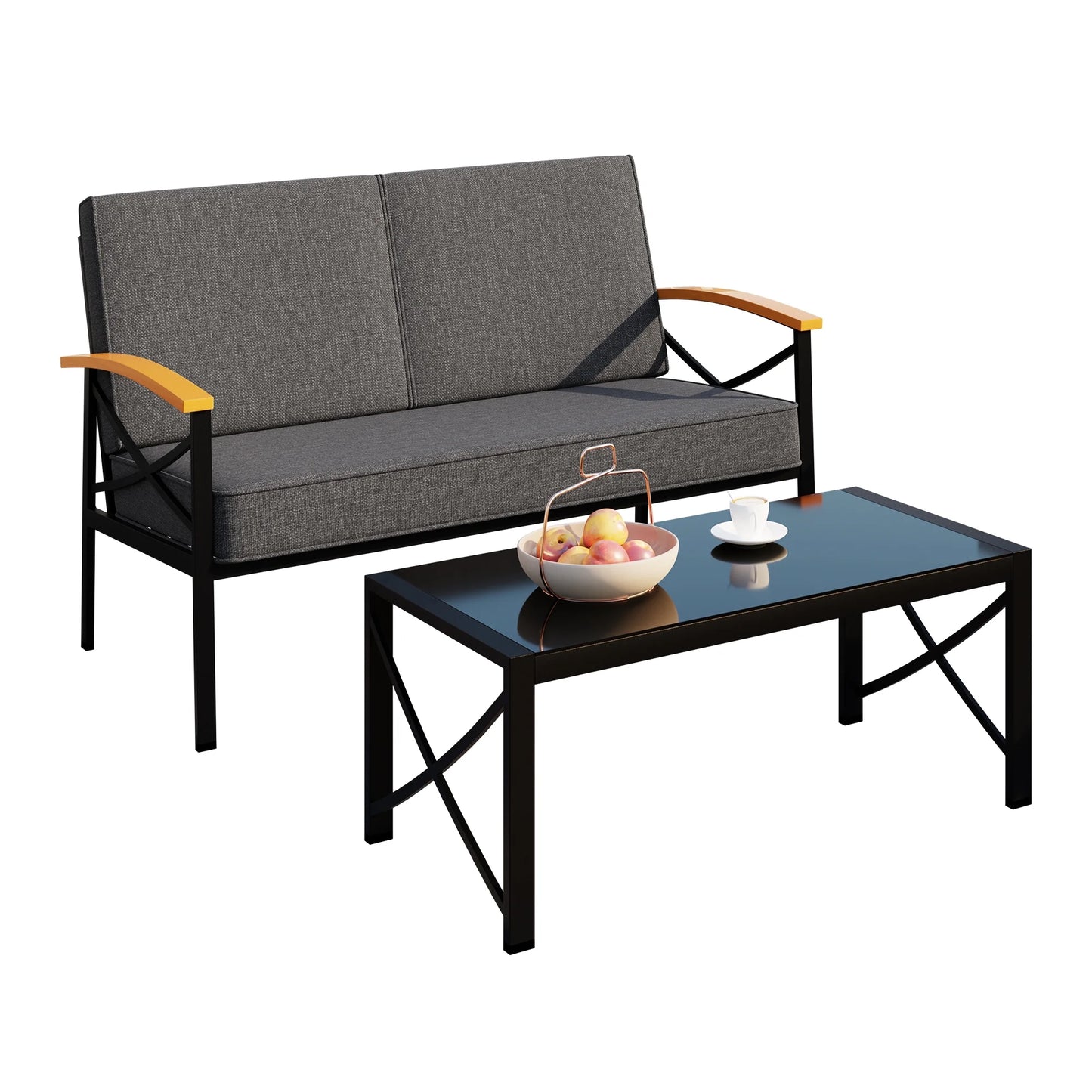 Walsunny Metal Outdoor Patio Furniture Sectional Set 2 Piece, Modern Outdoor Metal Loveseat Sofa Conversation Furniture Set