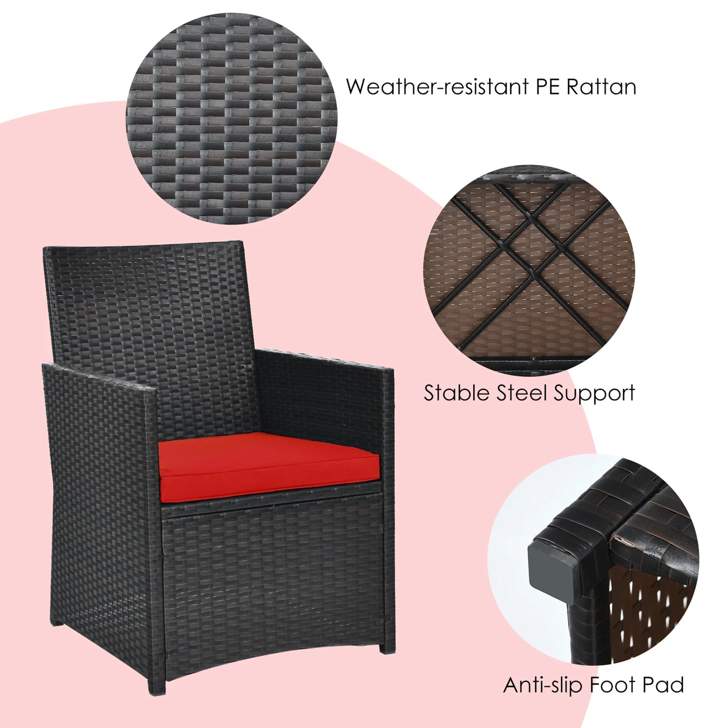 Gymax 3PCS Patio Wicker Bistro Set PE Rattan Dining Table Set w/Red Cushions
