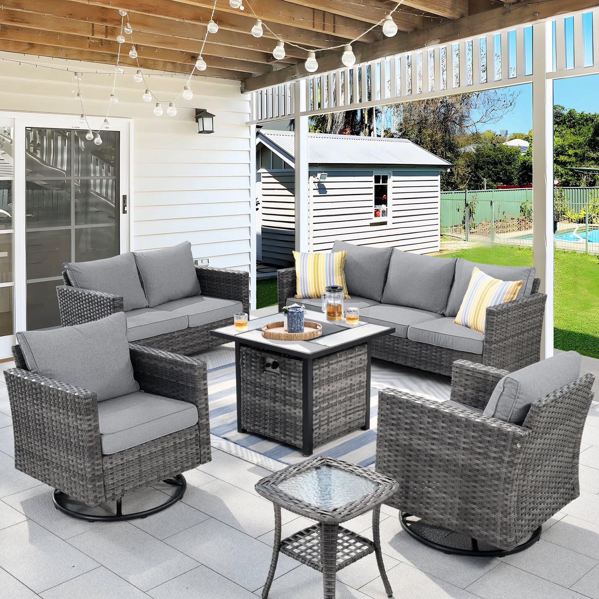 Ovios 6 Pieces Outdoor Patio Furniture Set with Gas Propane Fire Pit Table Wicker Outdoor Conversation Set with Swivel Rocking Chair for Backyard, Cushion Beige