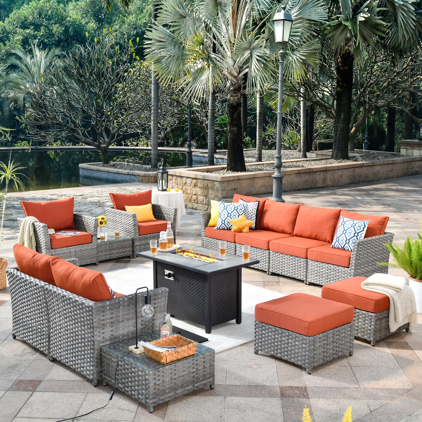 Vcatnet Patio Furniture Sets with 42" Fire Pit Table 13 Pieces Sectional Sofa All Weather PE Rattan Wicker Conversation Set with Ottoman for Porch, Backyard, Beige