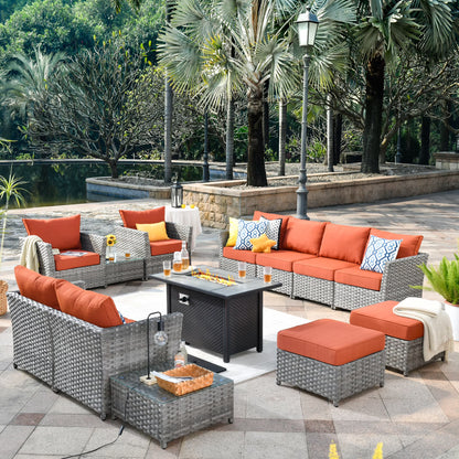 Vcatnet Patio Furniture Sets with 42" Fire Pit Table 13 Pieces Sectional Sofa All Weather PE Rattan Wicker Conversation Set with Ottoman for Porch, Backyard, Beige
