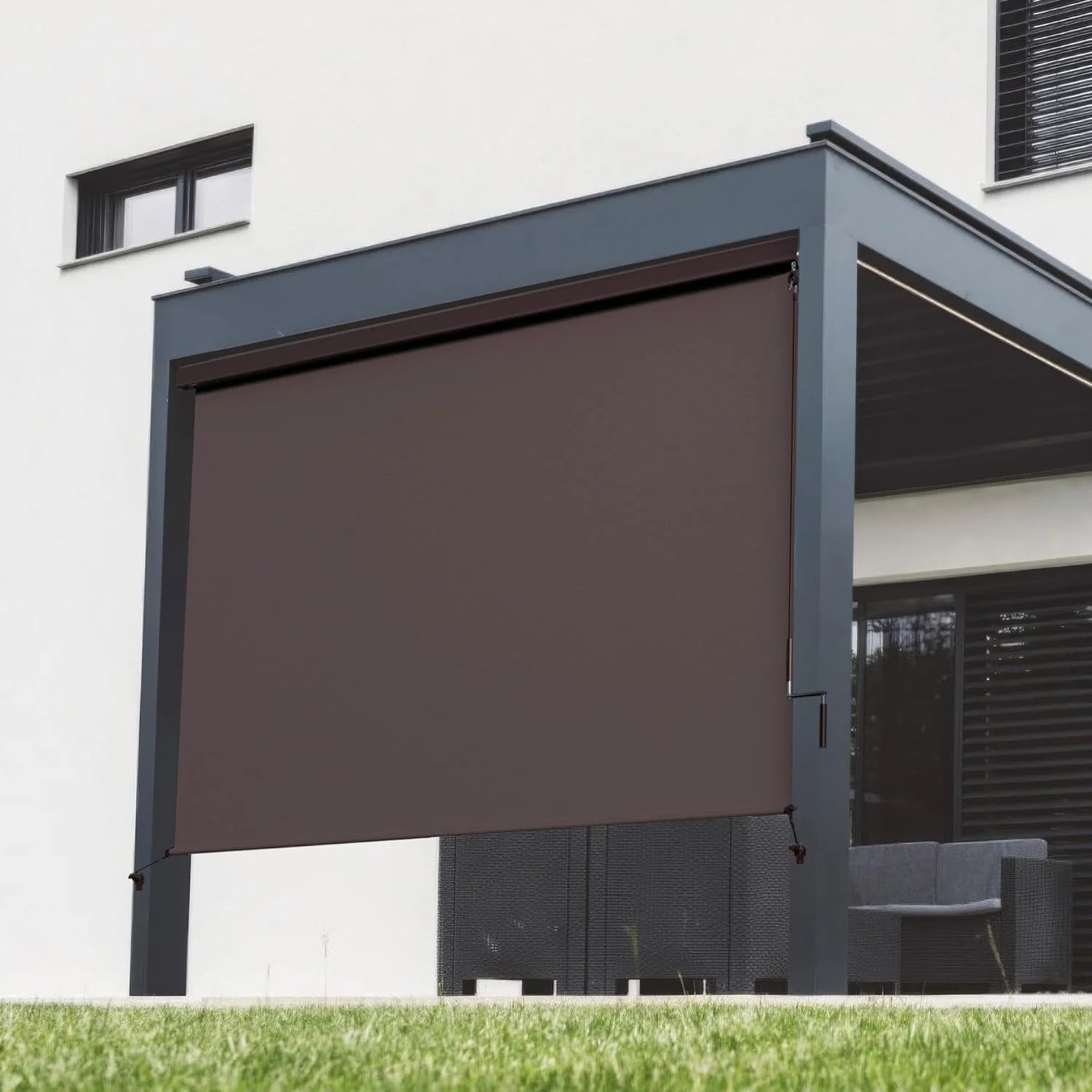 Superjoe Outdoor Roller Shade for Patio, Cordless Blackout Waterproof Blind, UV Block, 4'L x 6'W