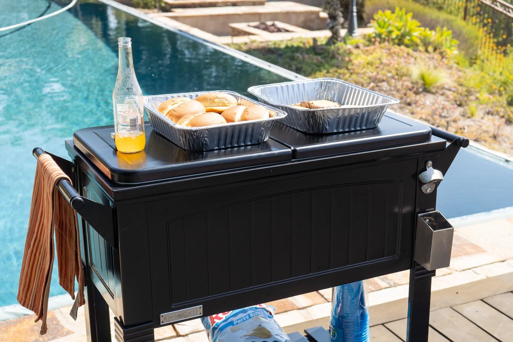 Permasteel 80-Qt Antique Outdoor Steel Patio Cooler on Wheels, Rolling Cooler Cart, Wooden Teak Style, Black
