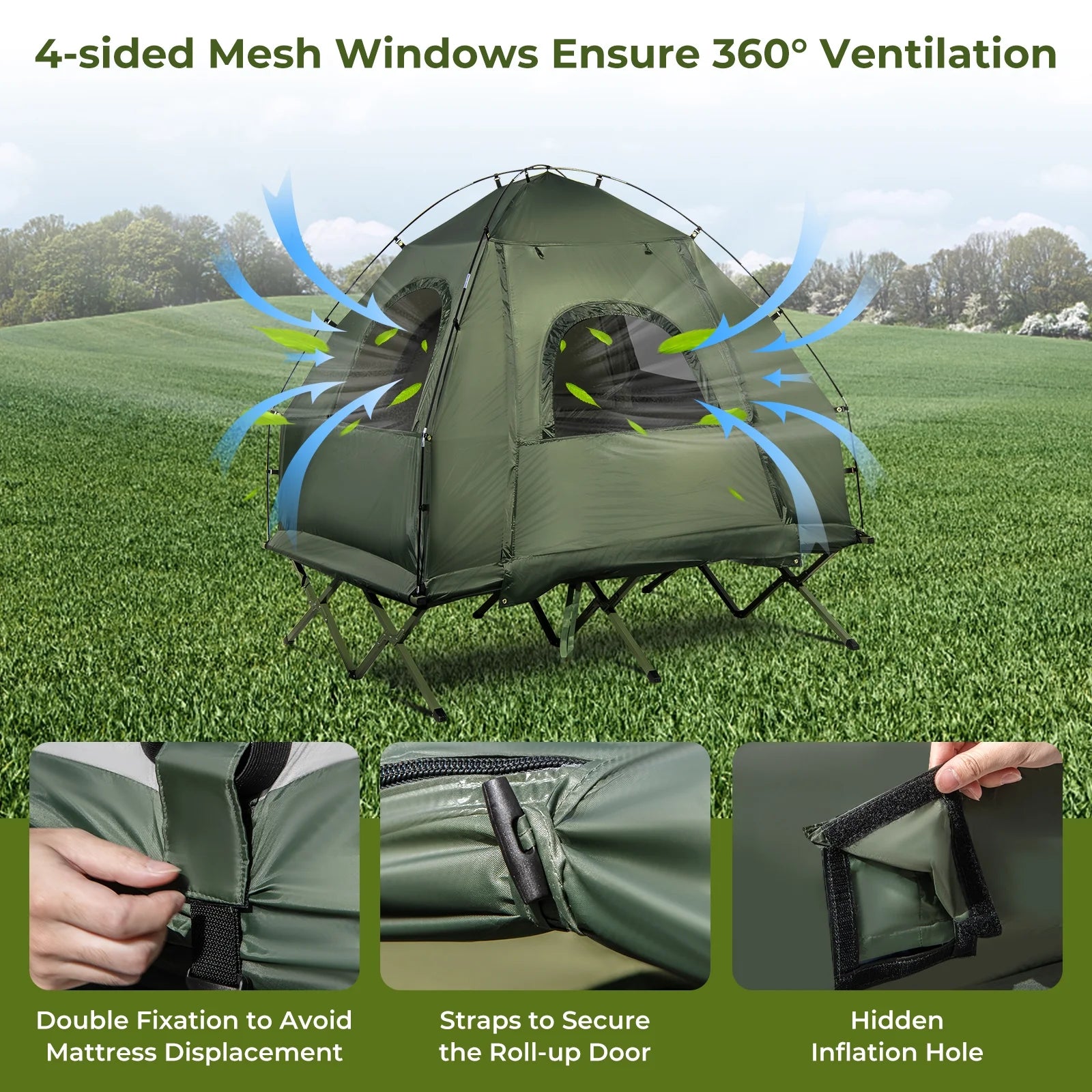 Patiojoy Folding 2-Person Camping Tent Cot Portable Pop-Up Tent with Sleeping Bag& Air Mattress for Outdoor Activity