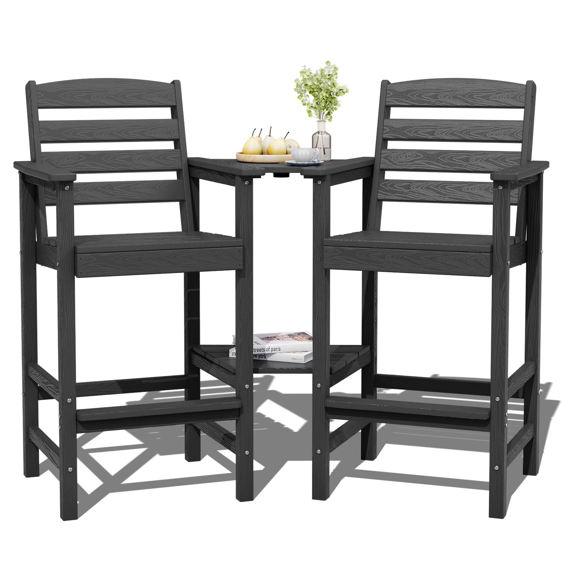 JUSTLET Tall Adirondack Chair Set of 2 with Double Connecting Tray, HDPE Outdoor Weather Resistant Patio Bar Stools for Patio, Balcony, Porch, Navy Blue