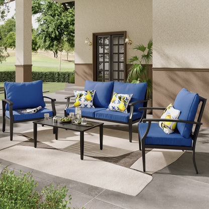 JOYURE 4 pieces Patio Furniture Set w/loveseat,Coffe Table,Outdoor Conversation Metal Sofa with High Back and Thick Cushion,for Backyard,Garden,Beige
