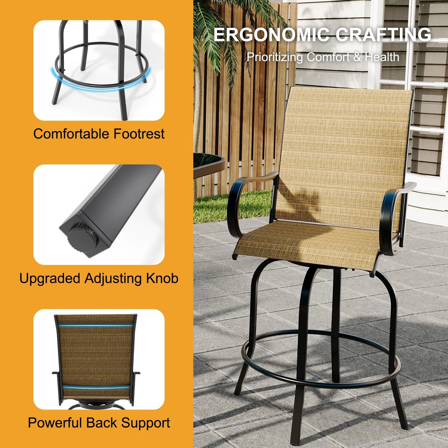 Riedhoff 3-Piece Patio Bar Set with 2 Swivel Chairs & Glass Table,All-Weather,Textile Fabric,Gold