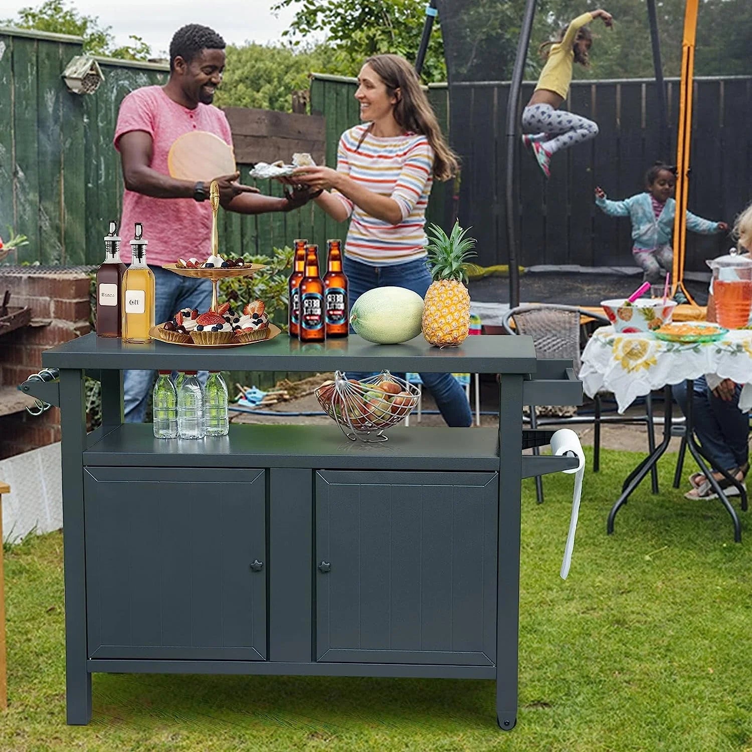Domi Grill Carts Outdoor with Storage and Wheels, Whole Metal Portable Table and Storage Cabinet for BBQ,Deck,Patio,Backyard(Dark Grey,L45x W20.31x H35.51 Inch)