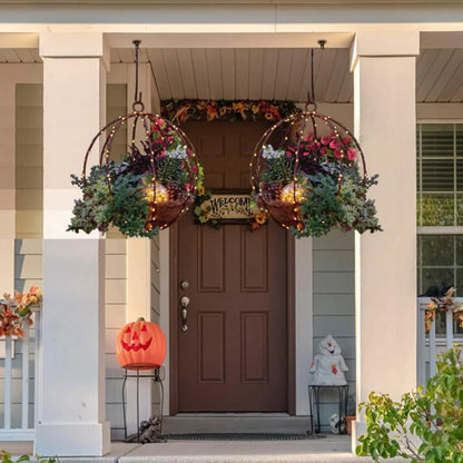 Artificial Christmas Hanging Basket,White LED String Lights Hanging Christmas Baskets, Christmas Hanging Planters with Pine Cones and Berries for Front Door Garden Patio