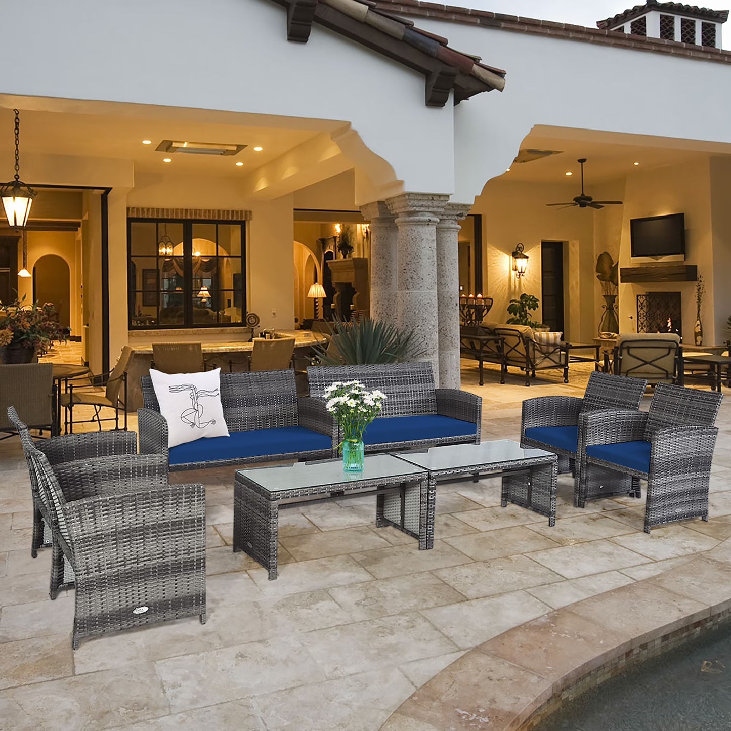 Costway 8PCS Patio Rattan Furniture Set Conversation Glass Table Top Sofa Cushioned Navy