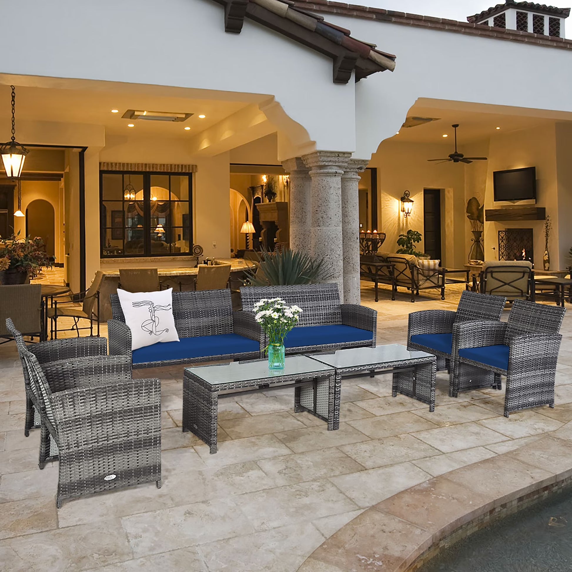 Costway 8PCS Patio Rattan Furniture Set Conversation Glass Table Top Sofa Cushioned Navy