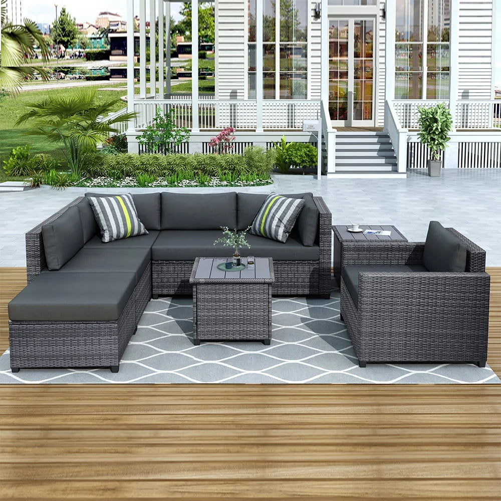 8 Piece Patio Outdoor Furniture Set, PE Rattan Sectional Sofa Set with 2 Tea Tables, Ottoman & Washable Cushions, All-Weather Wicker Conversation Couch Set for Patio, Deck, Garden, Backyard, K2460