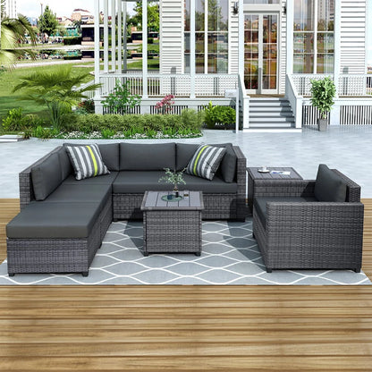 8 Piece Patio Outdoor Furniture Set, PE Rattan Sectional Sofa Set with 2 Tea Tables, Ottoman & Washable Cushions, All-Weather Wicker Conversation Couch Set for Patio, Deck, Garden, Backyard, K2460