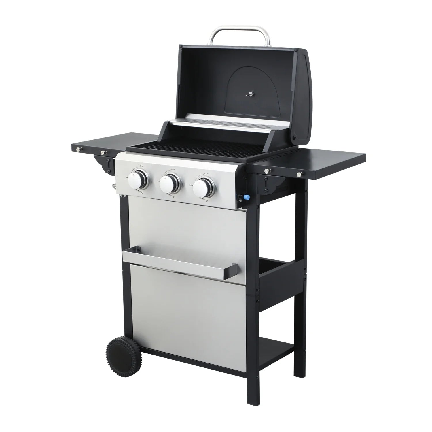 HighSound 3 Burner BBQ Propane Gas Grill, Stainless Steel 25650 BTU Patio Garden Barbecue Grill with Wire Enamel Cooking Grids & Foldable Shelves, Black