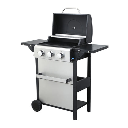 HighSound 3 Burner BBQ Propane Gas Grill, Stainless Steel 25650 BTU Patio Garden Barbecue Grill with Wire Enamel Cooking Grids & Foldable Shelves, Black