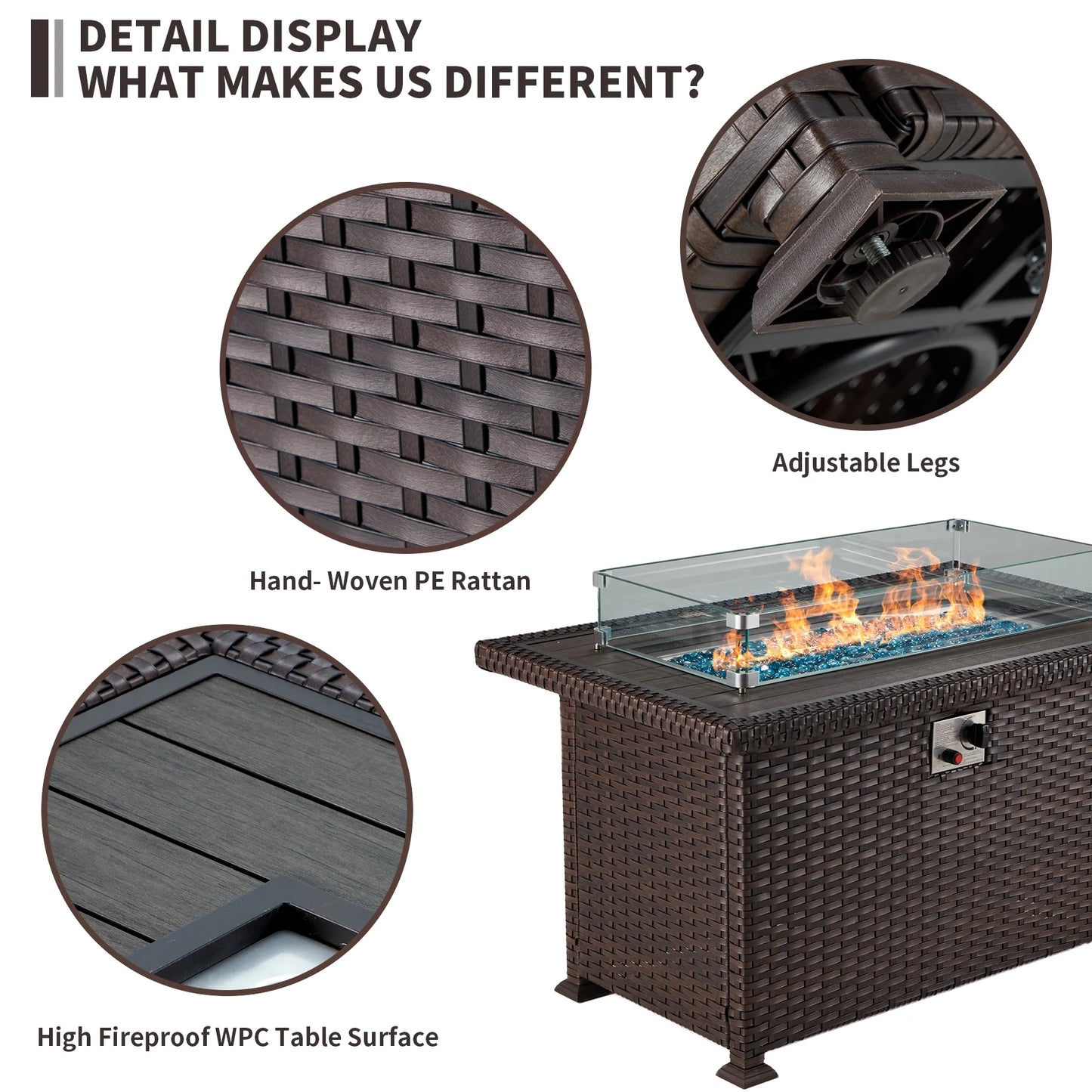 HOMREST Propane Fire Pit Table, 44 Inch 50,000 BTU Auto-Ignition Gas Fire Pit Table Rectangular/w Glass Wind Guard, Wood Plastic Composites Tabletop, CSA Certification Firepit for Outdoor Patio Lawn