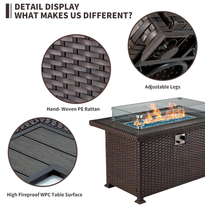 HOMREST Propane Fire Pit Table, 44 Inch 50,000 BTU Auto-Ignition Gas Fire Pit Table Rectangular/w Glass Wind Guard, Wood Plastic Composites Tabletop, CSA Certification Firepit for Outdoor Patio Lawn