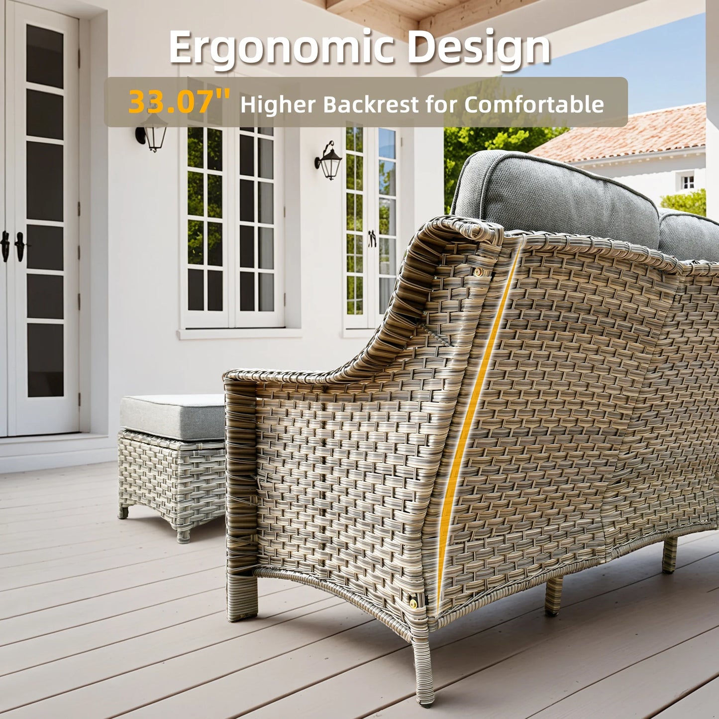 Ovios Outdoor Patio Sofa 3-Seater with Cushions All-Weather Wicker Rattan Couch for Garden, Porch, or Backyard
