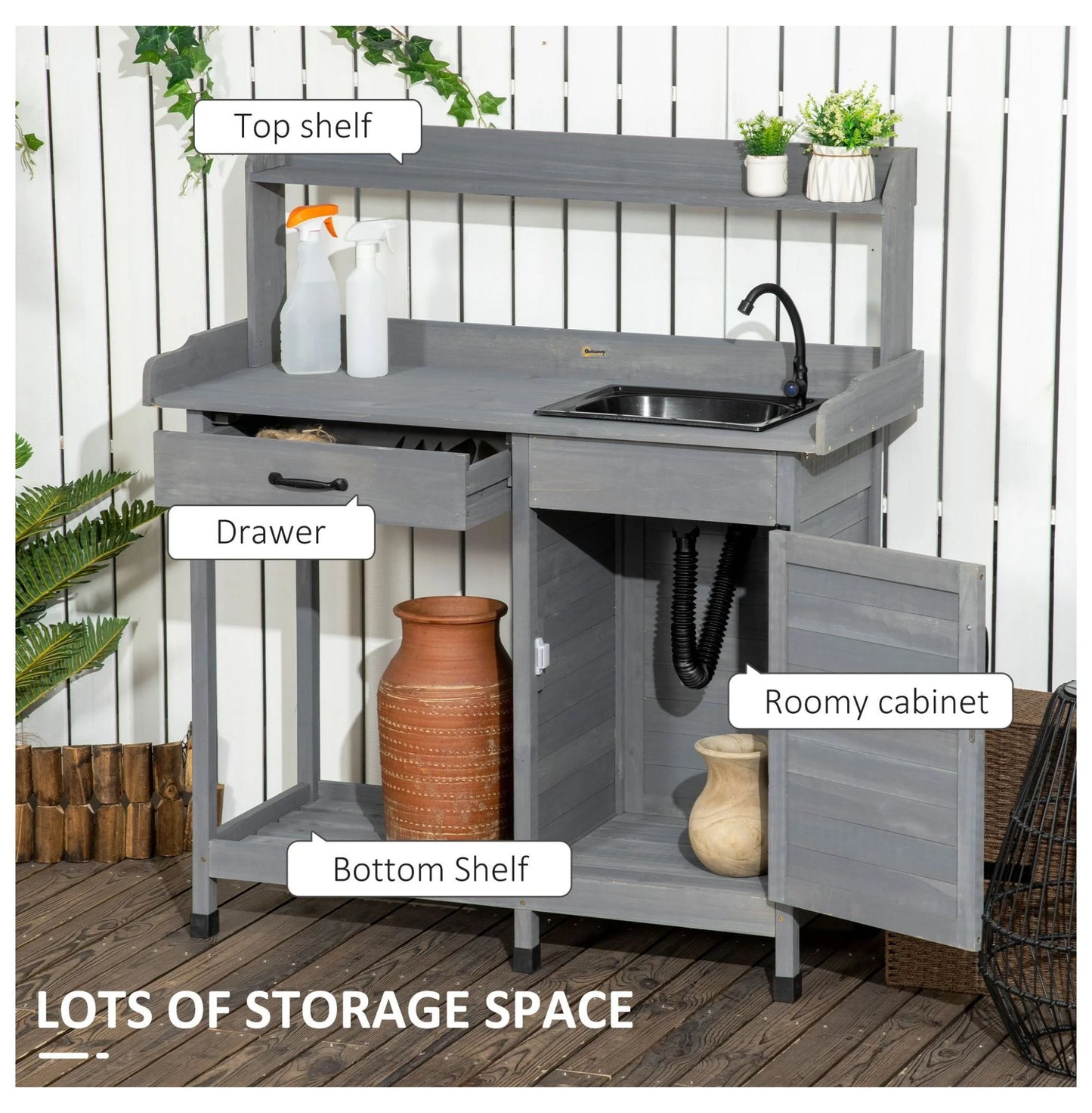 Outdoor Potting Bench with Sink - Garden Work Table with Storage, Gray - Greenhouse Patio Plant Station