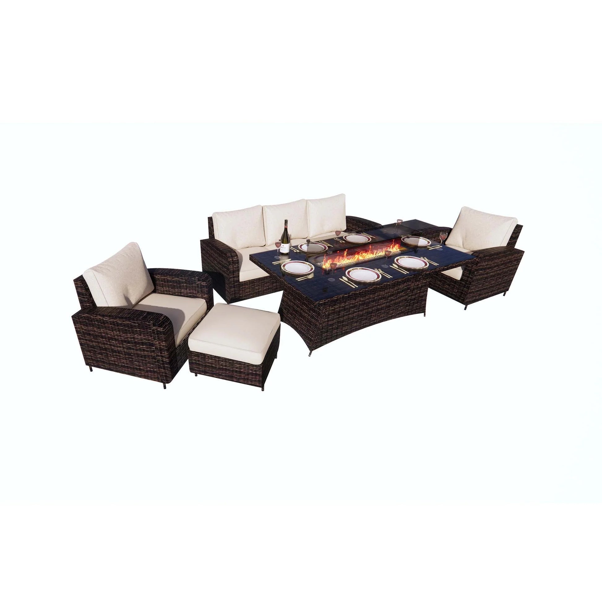 Direct Wicker 6-Piece Outdoor Patio Furniture Set with 72" Gas Propane Fire Pit Table Rattan Sectional Sofa Conversation Sets, Brown